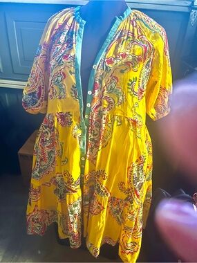 Women’s Yellow Paisley Midi Dress with Green Trim